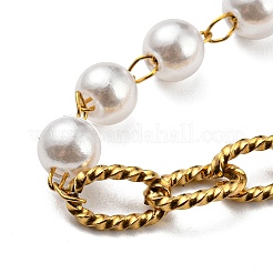 Ion Plating(IP) 304 Stainless Steel Paperclip & Plastic Pearl Beaded Chain Bracelet&nbsp;BJEW-E088-04G