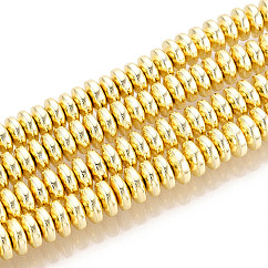 Electroplate Non-magnetic Synthetic Hematite Bead Strands, Rondelle, Golden Plated, 6x3mm, Hole: 1mm, about 125~133pcs/strand, 15.7 inch