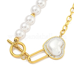 Ion Plating(IP) 201 Stainless Steel Pave Clear Cubic Zirconia & Plastic Pearl Beaded Necklaces&nbsp;NJEW-K270-18G
