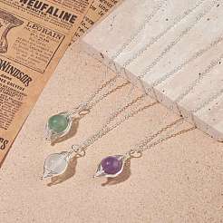 Round Natural Stone Braide Pendant Necklace&nbsp;NJEW-JN03819-01