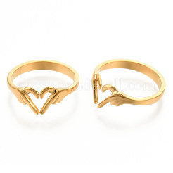 Ion Plating(IP) 304 Stainless Steel Hand Heart Cuff Rings&nbsp;RJEW-N038-121LG