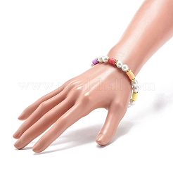 Polymer Clay Heishi & Glass Pearl & Brass Beaded Stretch Bracelet for Women&nbsp;BJEW-JB08754