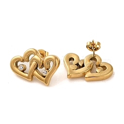 Double Heart 304 Stainless Steel Rhinestone Stud Earrings for Women&nbsp;EJEW-U003-13G