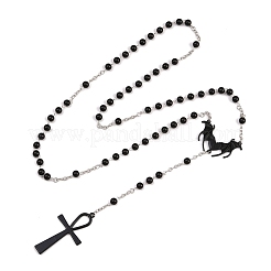 Alloy and Iron Ankh Cross Heart with Bat Wings Pendant Black Round Acrylic Rosary Bead Necklaces&nbsp;NJEW-D335-01BP