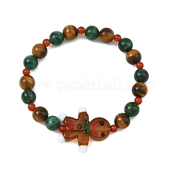 Christmas Handmade Lampwork Gingerbread Man Natural Carnelian & Tiger Eye & Fuchsite Round Beaded Stretch Bracelets&nbsp;BJEW-TA00759