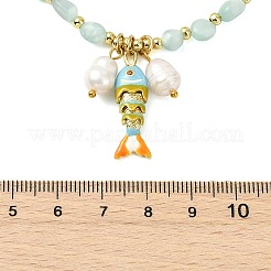 Brass Enamel Fish and Natural Pearl Rice Pendant Natural Glass Nuggets Beaded Necklaces for Women&nbsp;NJEW-JN06357-03