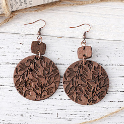 Bohemian Style Wood Flat Round with Leaf Pattern Dangle Earrings&nbsp;FS-WGEA415-01