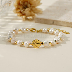 Natural Pearl and Gold Bead Women's Bracelets with Flat Round with Saint Charms&nbsp;QK8220-5