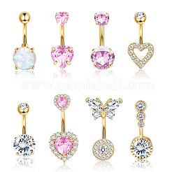 8Pcs 8 Styles 316L Surgical Stainless Steel Cubic Zirconia Heart Butterfly Curved Barbell Belly Rings Sets&nbsp;WG47019-01