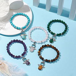 Natural & Synthetic Mixed Gemstone Stretch Bracelets with Angel Charms&nbsp;BJEW-JB11046
