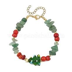 Handmade Lampwork Christmas Tree & Natural Green Aventurine & dyed Freshwater Shell Chip Beaded Bracelets&nbsp;BJEW-TA00760