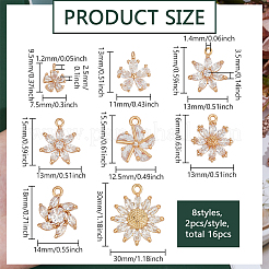 16Pcs 8 Styles Brass Pave Clear Cubic Zirconia Pendants&nbsp;KK-PH0012-76