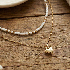 Stainless Steel Heart Pendant White Glass Seed Beaded Double Layer Necklaces&nbsp;CO2077-1
