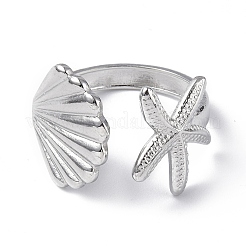 304 Stainless Steel Shell with Starfish Open Cuff Ring for Women&nbsp;RJEW-C046-03P