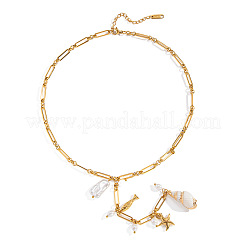 Fashion Ocean 304 Stainless Steel & Natural Pearl & Natural Shell Fish Starfish Pendant Y Necklaces for Women&nbsp;KI2842