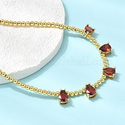 Brass Pave Cubic Zirconia Teardrop Pendant Round Beaded Necklaces&nbsp;NJEW-C121-01G-10