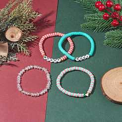 4Pcs 4 Style Handmade Polymer Clay Heishi Sunfer Stretch Bracelets Set with Brass Heart&nbsp;BJEW-TA00093