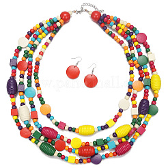 Bohemian Style Wood Barrel & Cube & Flat Round Beaded Multilayer Necklaces & Dangle Earrings Sets&nbsp;FS-WG5D833-01