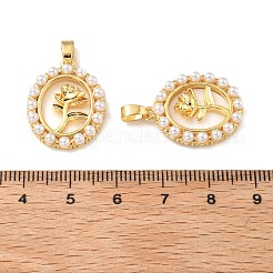 Flower Brass Pave Natural White Shell Oval with Rose Flower Pendants&nbsp;KK-M325-01G