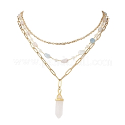 Natural Rose Quartz Double Terminated Pointed Bullet Pendant 304 Stainless Steel & Brass Chain 3 Layer Necklaces for Women&nbsp;NJEW-JN05477-04