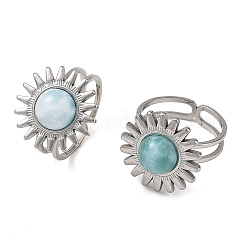Natural Larimar Cabochons & Stainless Steel Cuff Open Rings&nbsp;RJEW-JR01090-02