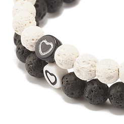 2Pcs 2 Style Natural Lava Rock(Dyed) Round Beaded Stretch Bracelets Set with Heart&nbsp;BJEW-JB07579