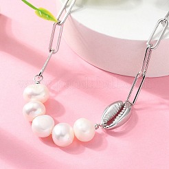 304 Stainless Steel Shell & Natural Pearl Beads Paperclip Chain Necklaces for Women&nbsp;NJEW-A045-17P