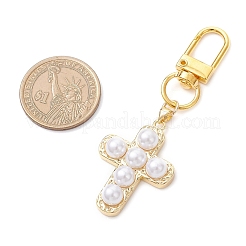 Cross Brass & with ABS Imitation Pearl Beaded Pendant Decorations&nbsp;HJEW-JM03951