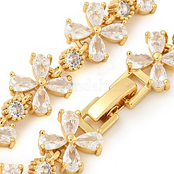 Rack Plating Brass Pave Clear Cubic Zirconia Flower Link Chain Necklaces&nbsp;NJEW-Q345-03G-01