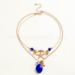 Alloy Starfish Coconut Tree & Oval Resin Pendant Double Layer Necklaces&nbsp;FS-WGC9AA5-01