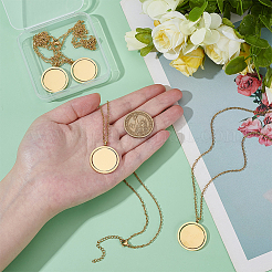 4Pcs 304 Stainless Steel Rotatable Blank Flat Round Pendant Cable Chain Necklaces&nbsp;NJEW-BC0001-11G