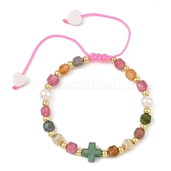 Natural Multicolor Tourmaline Faceted Cube Braided Bead Bracelets&nbsp;BJEW-JB14379-03
