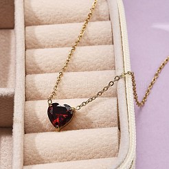 304 Stainless Steel Dark Red Cubic Zirconia Heart Pendant Necklaces for Women&nbsp;NJEW-Z064-04G