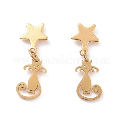 304 Stainless Steel Cat with Star Dangle Stud Earrings for Women&nbsp;EJEW-G328-10