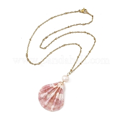 Natural Scallop Shell Pendant 304 Stainless Steel Satellite Chain Necklaces with Natural Pearl&nbsp;NJEW-JN06547