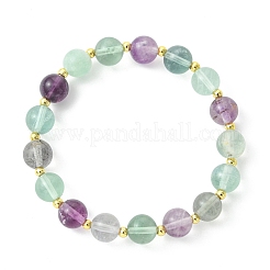 Grade AB Natural Fluorite and Brass Round Beads Stretch Bracelets for Women&nbsp;BJEW-JB13750