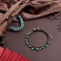 Bohemian Synthetic Turquoise & Brass Bell Tassel Braided Waxed Cord Anklets & Bracelets for Women&nbsp;SJEW-PH0001-30