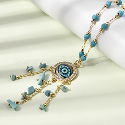 Boho Brass Resin Evil Eye Pendant Necklaces with Dyed Natural Howlite Chip Tassel&nbsp;NJEW-L014-03G