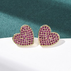 Heart Brass Micro Pave Cubic Zirconia Stud Earrings&nbsp;EJEW-H178-01G-01