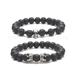2Pcs 2 Style Natural Lava Rock & Brass Beaded Stretch Bracelets Set&nbsp;BJEW-JB09244-01