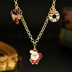 Brass Micro Pave Cubic Zirconia with Enamel Christmas Wreath Santa Claus Candy Cane Pendant Bib Necklaces for Women&nbsp;IP8864