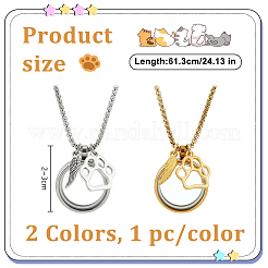 2Pcs 2 Colors Stainless Steel Paw Print Feather Flat Rond Pet Fur Locket Pendant Box Chain Necklaces&nbsp;NJEW-DR00016