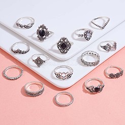 15Pcs 15 Style Crystal Rhinestone Rhombus & Lotus & Crown Finger Rings Set&nbsp;JR940A