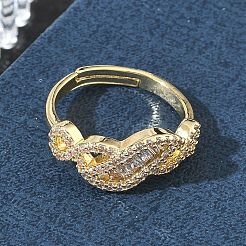 Adjustable Brass & Clear Cubic Zirconia Finger Rings with Interwoven Design&nbsp;CU-CBA7E55-06G
