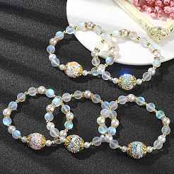 Synthetic Moonstone & Hematite & Plastic Imitation Pearl Beaded Stretch Bracelet&nbsp;BJEW-JB09504