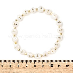 Natural Freshwater Shell Flat Round with Cross Beaded Stretch Bracelets for Women&nbsp;BJEW-JB14238