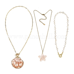 3Pcs 3 Styles Natural Shell Flower Pendant 304 Stainless Steel Cable Chain and Brass Paperclip Chain Necklace Sets&nbsp;NJEW-JN06509