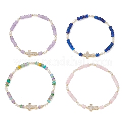 Brass Micro Pave Clear Cubic Zirconia Cross & Natural Pearl & White Jade Rondelle Beads Stretch Bracelets for Women&nbsp;BJEW-JB13114