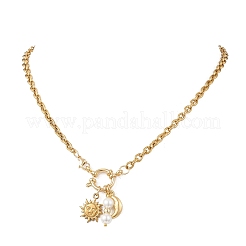 Round White Shell Pearl & 304 Stainless Steel Sun Moon Pendant Necklaces&nbsp;NJEW-JN05649