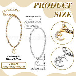 4Pcs 2 Colors Brass & Iron Crystal Rhinestone Star Moon Charm Anklets for Women&nbsp;AJEW-HY0002-60